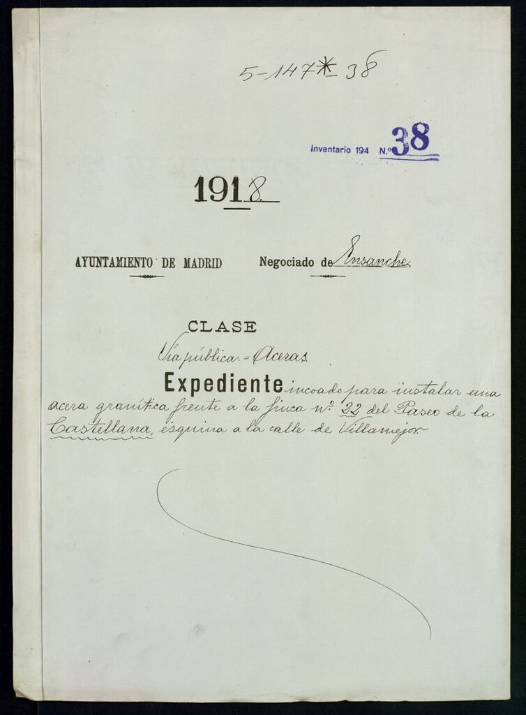 Miniatura de Expediente incoado para instalar una acera granítica frente a la finca n.º 22 del Paseo de la Castellana esquina a la calle de Villamejor