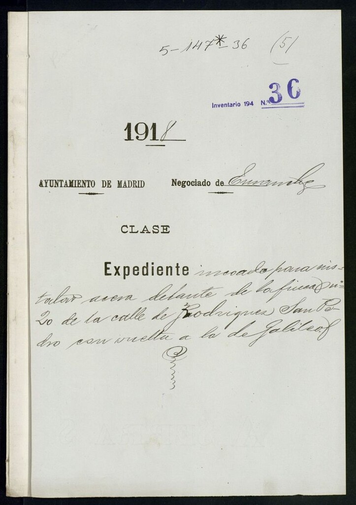 Miniatura de Expediente incoado para instalar acera delante de la finca n.º 20 de la calle de Rodríguez San Pedro con vuelta a la de Galileo