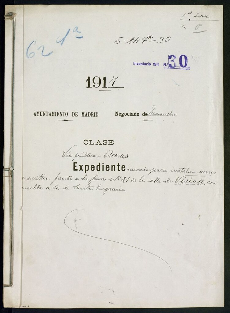 Miniatura de Expediente incoado para instalar acera granítica frente a la finca n.º 21 de la calle de Viriato con vuelta a la de Santa Engracia