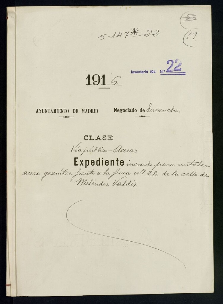Miniatura de Expediente incoado para instalar acera granítica frente a la finca n.º 22 de la calle de Meléndez Valdés
