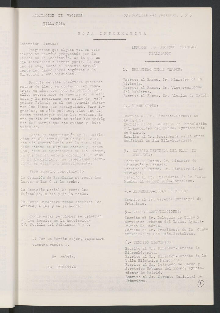 Miniatura de Hoja Informativa de la Asociación de vecinos de Villa-Rosa (1974)