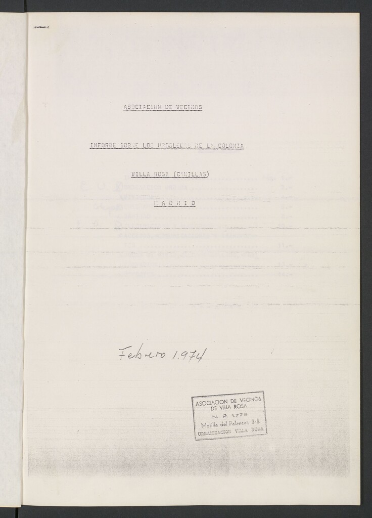 Miniatura de Asociación de vecinos: Informe sobre los problemas de la Colonia Villa Rosa (Canillas) (febrero, 1974)