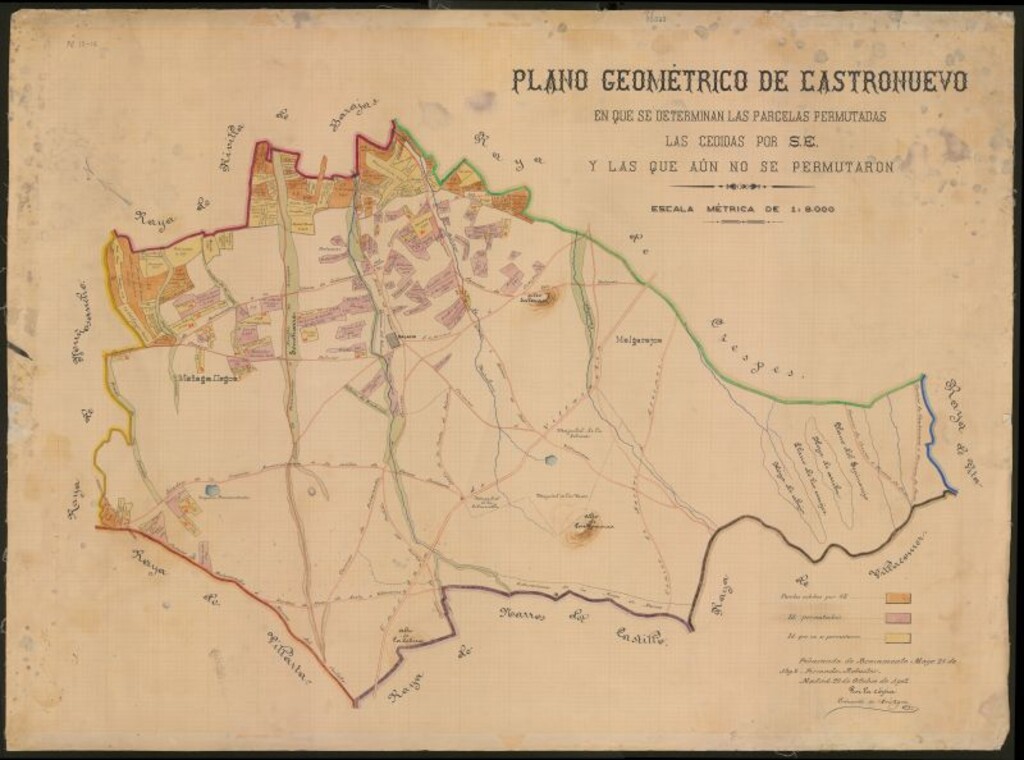 Miniatura de Plano geométrico de Castronuevo : en que se determinan las parcelas permutadas, las cedidas por S.E. y las que aún no se permutaron