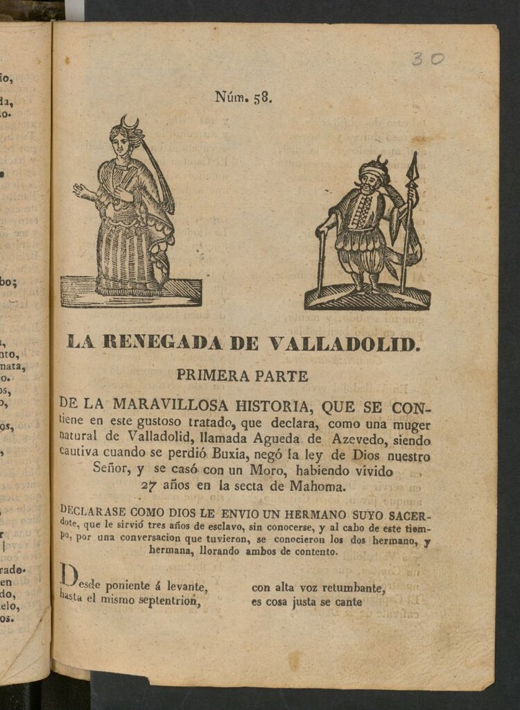 Miniatura de La renegada de Valladolid : primera parte de la maravillosa historia, que se contiene en este gustoso tratado, que declara, como una muger natural de Valladolid, llamada Agueda de Azevedo, siendo cautiva cuando se perdió Buxia, negó la ley de Dios nuestro Señor, y se casó con un moro, habiendo vivido 27 años en la secta de Mahoma...
