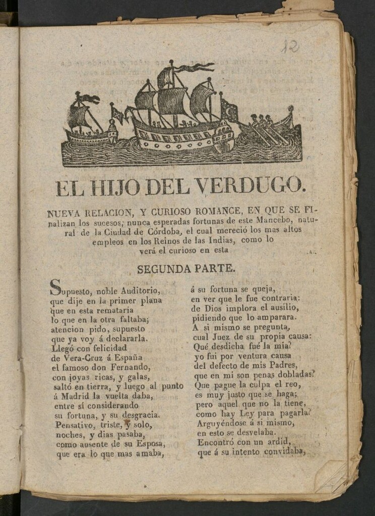 Miniatura de El hijo del verdugo : nueva relacion, y curioso romance, en que se finalizan los sucesos; nunca esperadas fortunas de este Mancebo, natural de la Ciudad de Córdoba, el cual mereció los mas altos empleos en los Reinos de las Indias...: segunda parte