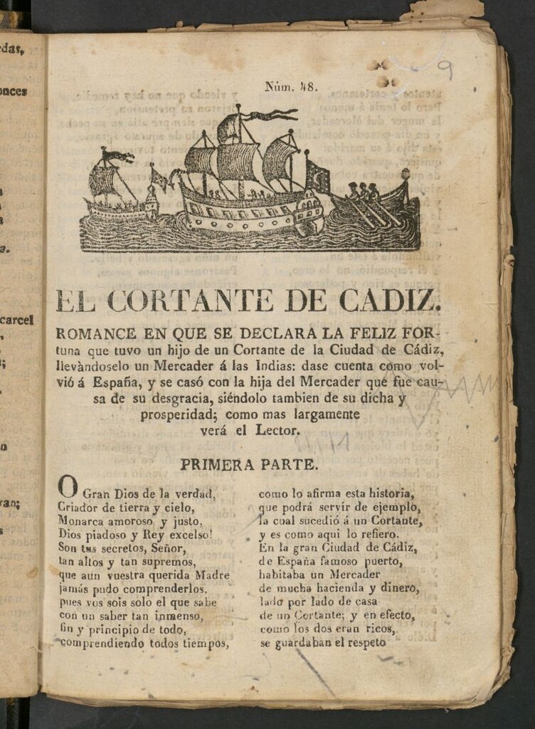Miniatura de El cortante de Cadiz : romance en que se declara la feliz fortuna que tuvo un hijo de un Cortante de la Ciudad de Cádiz, llevàndoselo un Mercader á las Indias...: primera parte