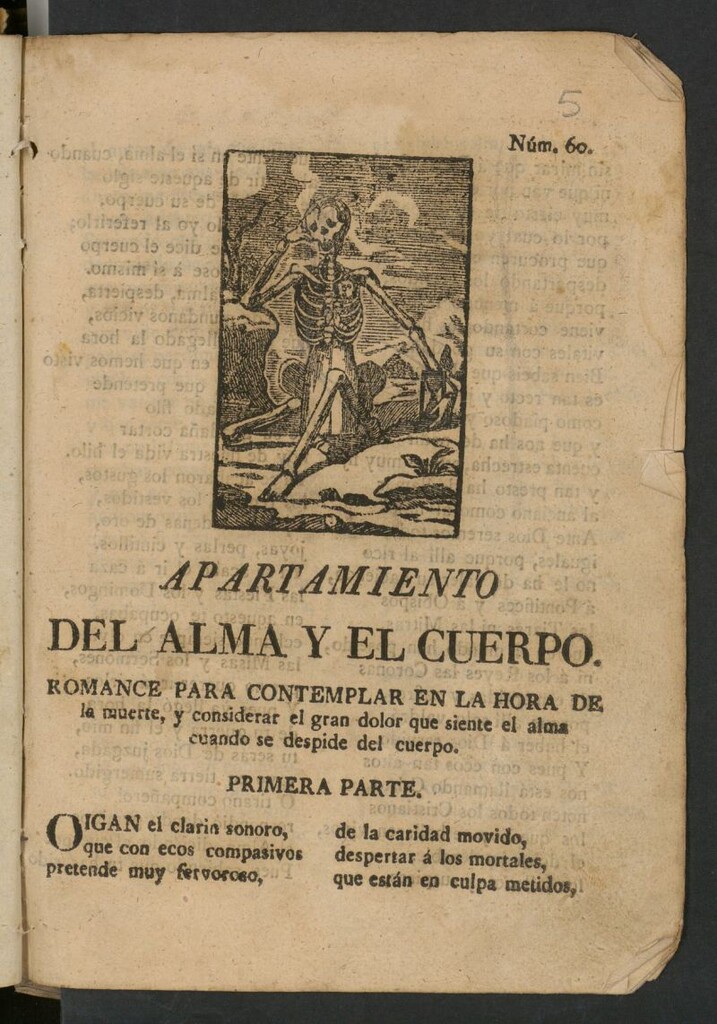 Miniatura de Apartamiento del alma y el cuerpo : romance para contemplar en la hora de la muerte, y considerar el gran dolor que siente el alma cuando se despide del cuerpo: primera parte