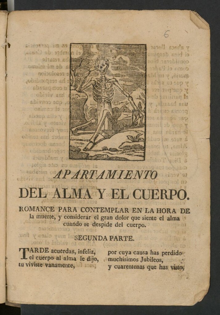 Miniatura de Apartamiento del alma y el cuerpo : romance para contemplar en la hora de la muerte, y considerar el gran dolor que siente el alma cuando se despide del cuerpo: segunda parte