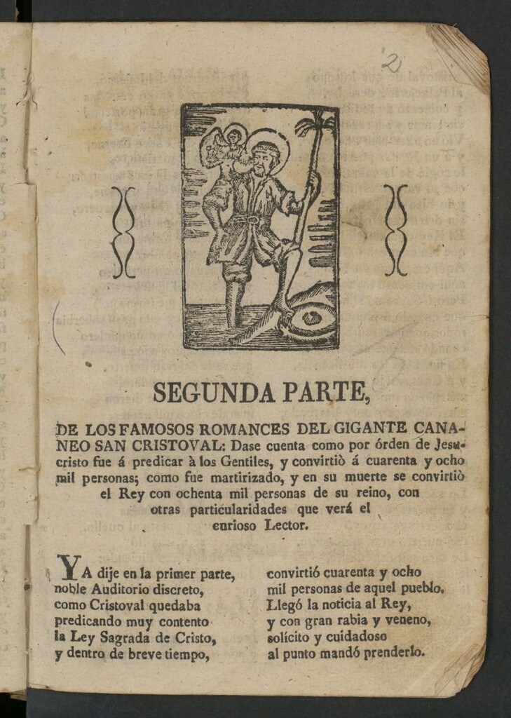 Miniatura de Segunda parte de los famosos romances del gigante cananeo San Cristoval: dase cuenta como por órden de Jesucristo fue á predi car à los gentiles...