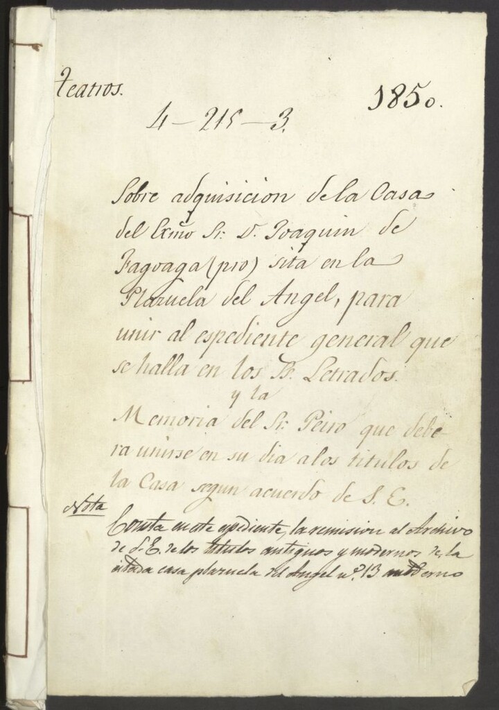 Miniatura de Expediente sobre la adquisición de la casa de Don Joaquín de Fagoaga, sita en la Plazuela del Ángel, para unir al expediente general y la Memoria del señor Peiró