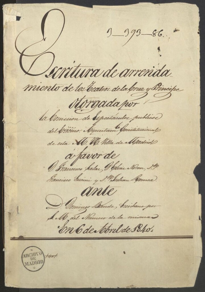 Miniatura de Escritura de arrendamiento de los teatros de la Cruz y Príncipe