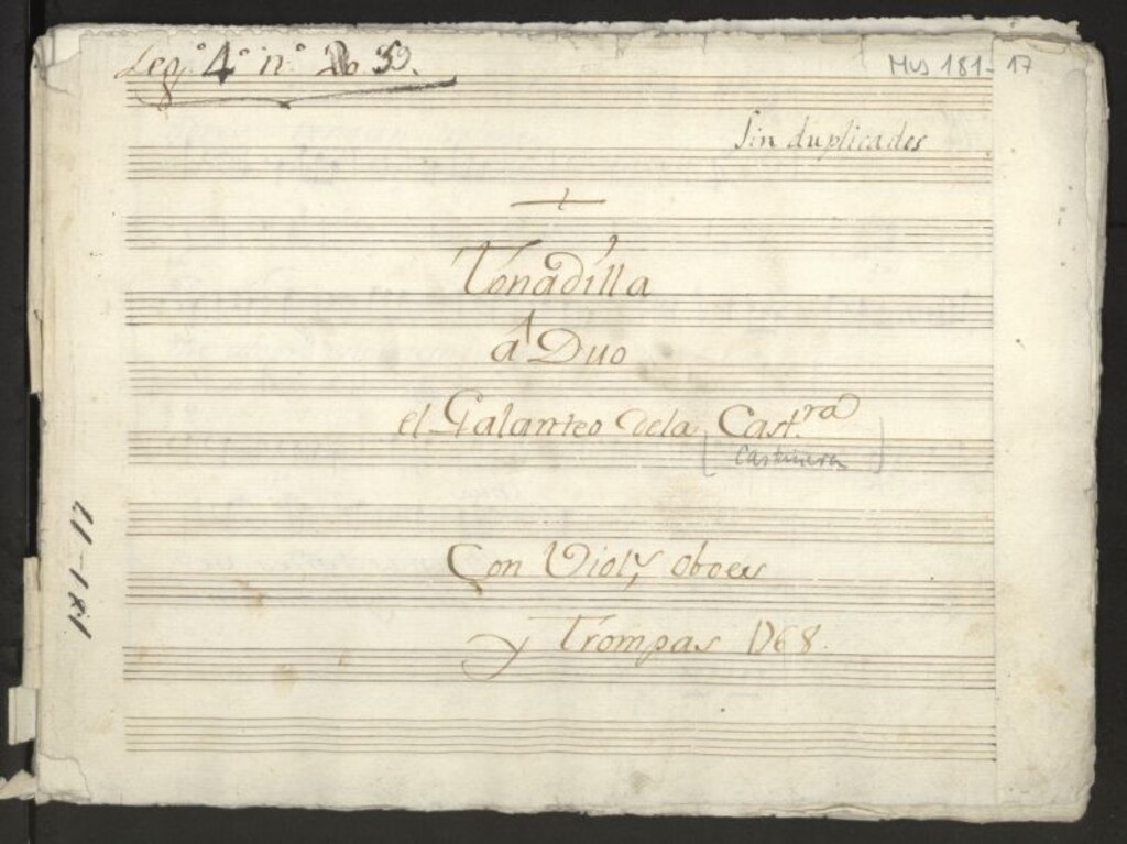 Miniatura de Tonadilla â duo el Galanteo dela Castra: con viols, oboes, y trompas