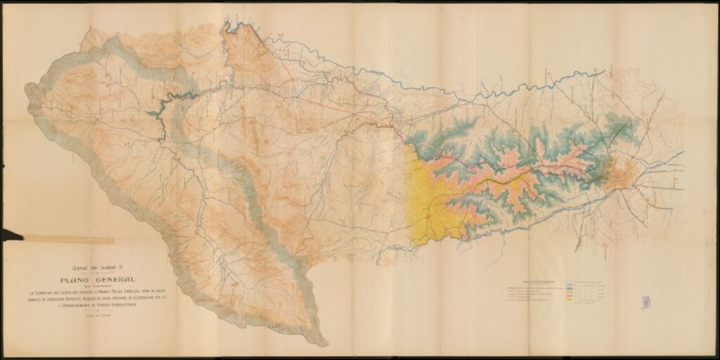 Miniatura de Canal de Isabel II [Material cartográfico] : Plano general que comprende la cuenca del río Lozoya que abastece a Madrid, presas, embalses, toma de aguas, canales de conducción, depósitos, acequias de riego, arterias de distribución, etc., etc. y aprovechamiento de energía hidroeléctrica