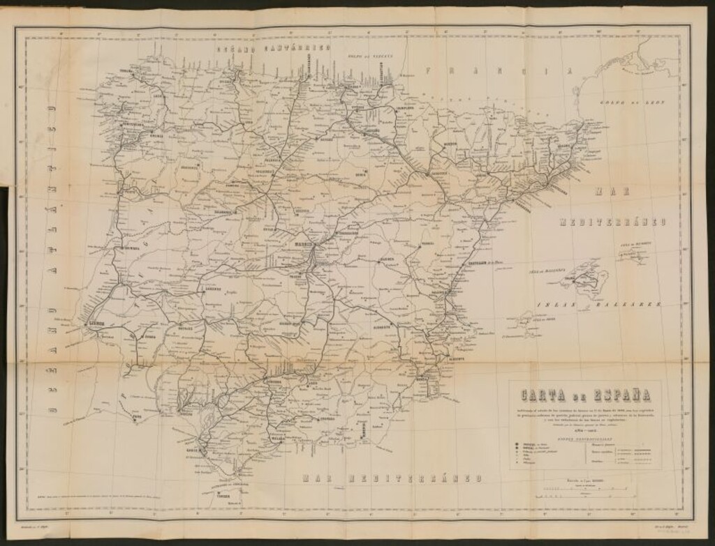 Miniatura de Carta de España indicando el estado de los caminos de hierro en 1 de Enero de 1883 ...