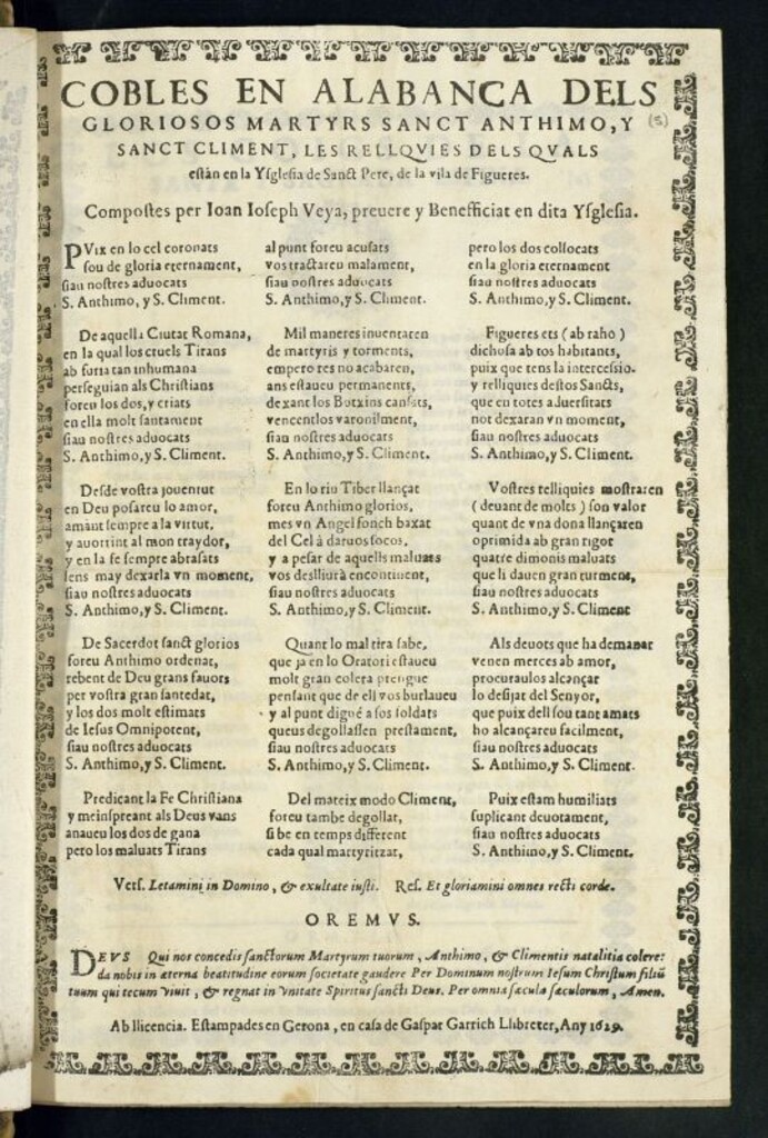 Miniatura de Cobles en alabanca dels gloriosos martyrs sanct Anthimo, y sanct Climent, les rellqvies dels qvals están en la Yfglesia de sanct Pere, de la vila de Figueres / compostes per Ioan Ioseph, preuere y benefficiat en dita Ysglesia