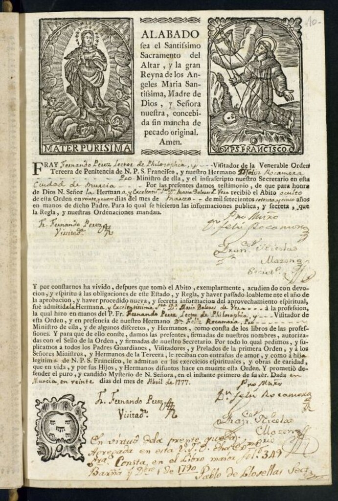 Miniatura de Resumen de la Regla de la Tercera Orden de nuestro padre san Francisco [ ] y Sumario de las indulgencias concedidas a los hijos de la Venerable Orden Tercera de Penitencia de N.P.S. Francisco [ ] Roma a 15 de Marzo de 1751