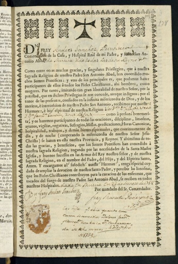 Miniatura de DN. Frey Andres Sanchéz, Presvítero, Comendador de la Casa, y Hospital Real de mi Padre, y señor San Antonio Abad, de Murcia y de todas las de su reino [ ]