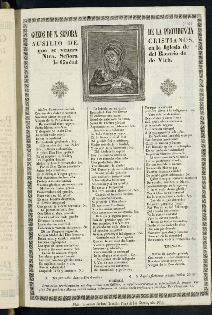 Miniatura de Gozos de N. Señora de la Providencia ausilio de cristianos que se venera en la Iglesia de Ntra. Señora del Rosario de la Ciudad de Vich