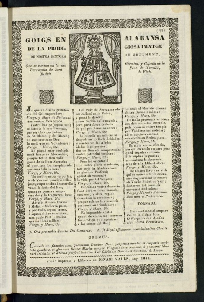 Miniatura de Goigs en Alabansa de la Prodigiosa Imatge de nostra señora de Bellmunt : que se cantan en la sua Hermita, y Capella de la Parroquia de Sant Pierre de Torelló, Bisbat de Vich