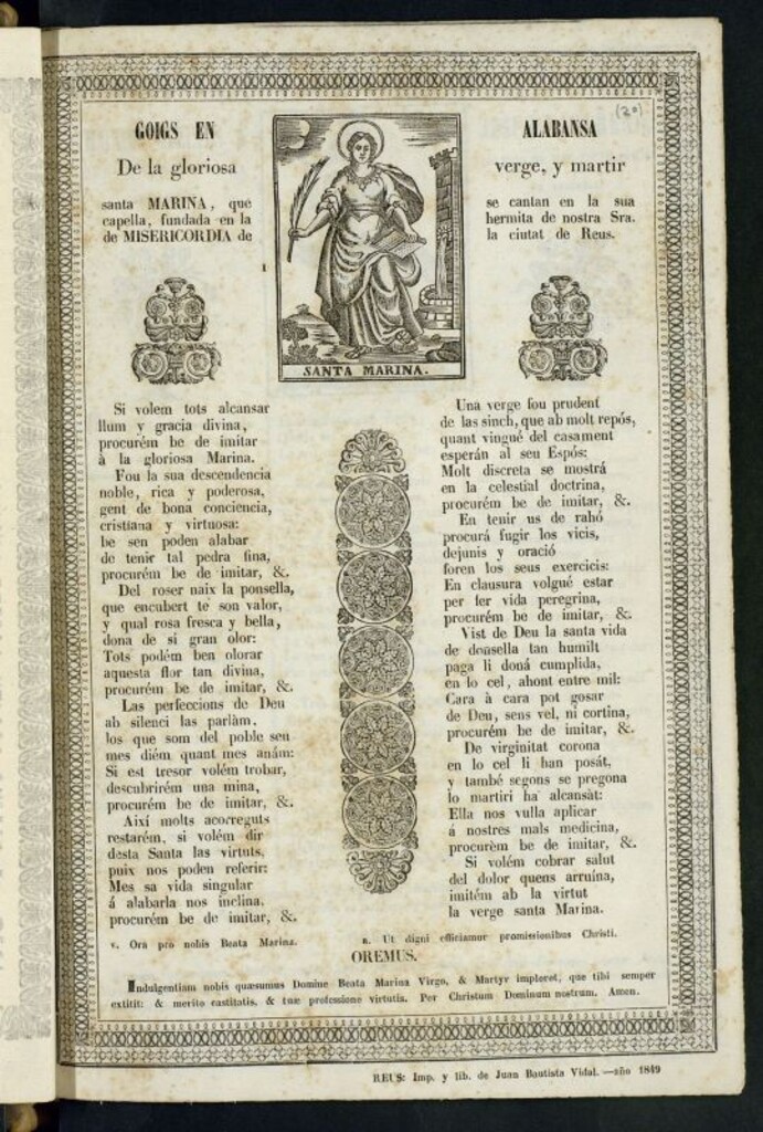 Miniatura de Goigs en Alabansa De la gloriosa verge, y martir santa Marina, :que se cantan en la sua capella, fundada en la hermita de nostra Sra. de Misericordia de la ciutat de Reus
