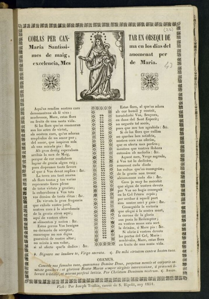 Miniatura de Coblas per cantar en obsequi de Maria Santissima en los días del mes de maig, anomenat per excelencia, Mes de Maria