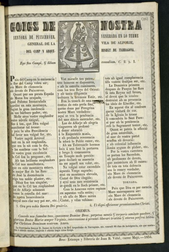 Miniatura de Goigs de Nostra Senyora de Puixcerver, venerada en lo terme general de la Vila de Alforje, del camp y arquebisbat de Tarragona