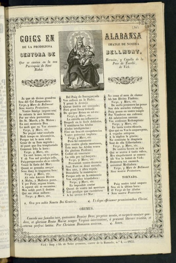 Miniatura de Goigs en Alabansa de la Prodigiosa Imatge de nostra señora de Bellmunt : que se cantan en la sua Hermita, y Capella de la Parroquia de Sant Pierre de Torelló, Bisbat de Vich