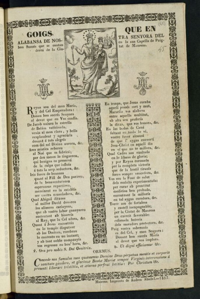 Miniatura de Goigs que en alabansa de nostra señora del bon Succés que se cantan en la sua capella del Puigderra de la ciutat de Manresa