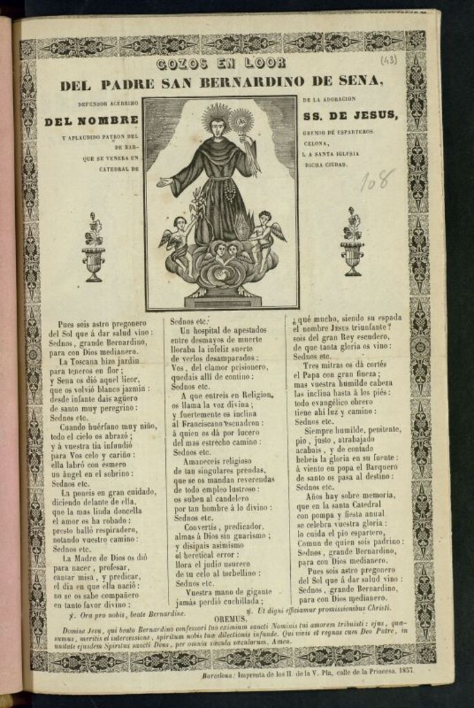 Miniatura de Gozos en loor del padre San Bernardino de Sena : defensor acérrimo de la adoración del nombre de SS de Jesús