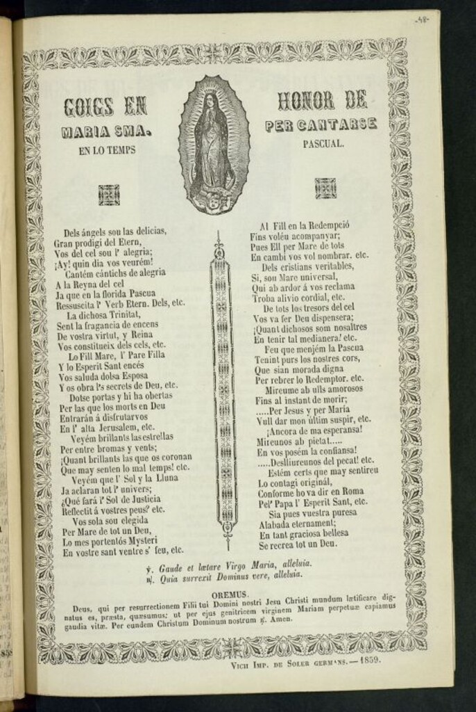 Miniatura de Goigs en honor de Maria Sma. Per cantarse en los temps pascual