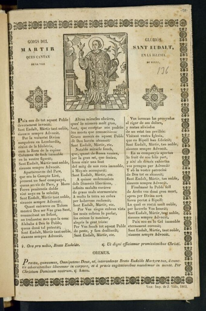 Miniatura de Goigs del gloriós martir sant Eudalt : ques cantan en la iglesia de la vila de Ripoll
