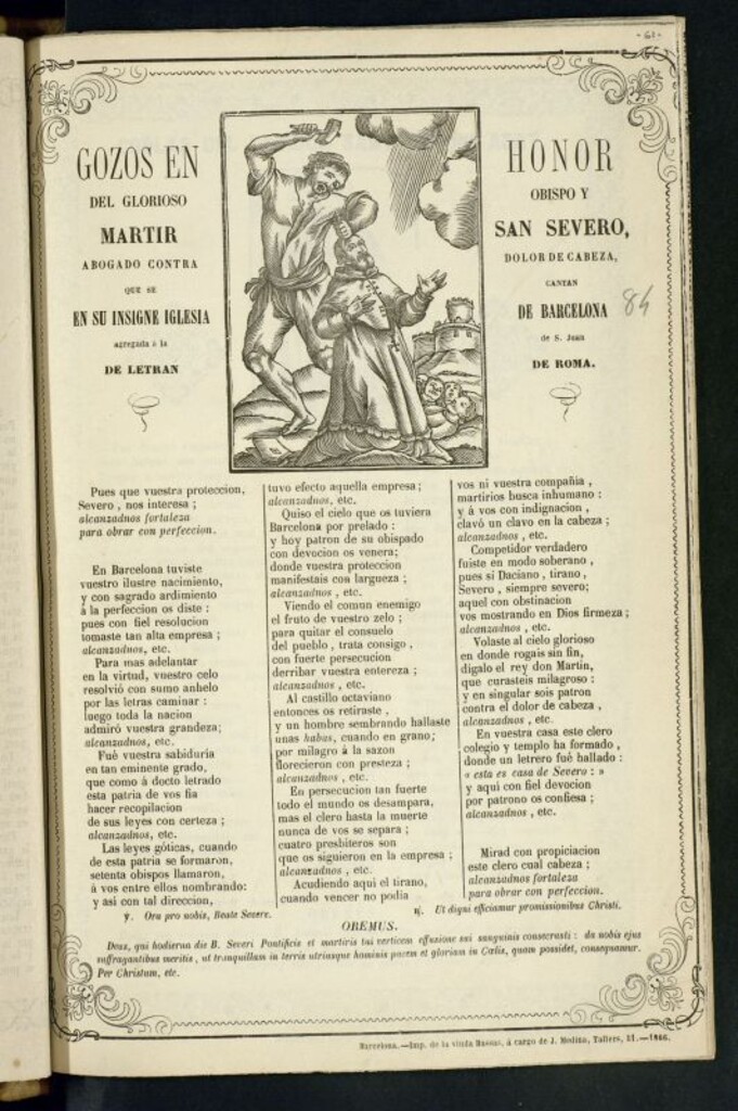 Miniatura de Gozos en honor del glorioso obispo y mártir San Severo, abogado contra dolor de cabeza : que se cantan en su insigne iglesia de Barcelona, agregada a la de S. Juan de Letran de Roma