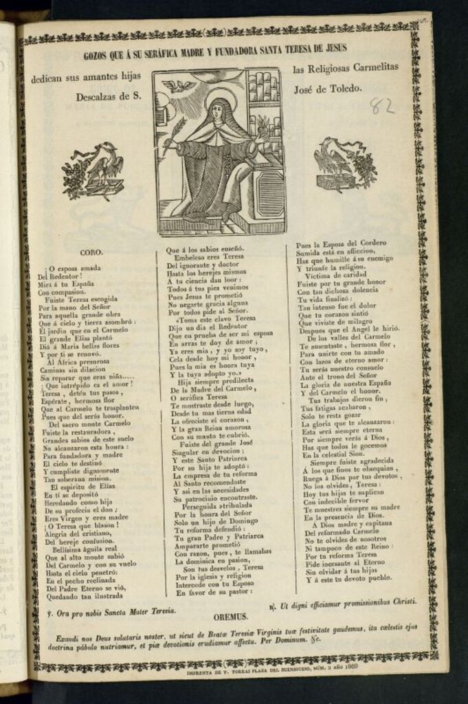 Miniatura de Gozos que a su seráfica madre y fundadora Santa Teresa de Jesús dedican sus amantes hijas las Religiosas Carmelitas Descalzas de S. José de Toledo
