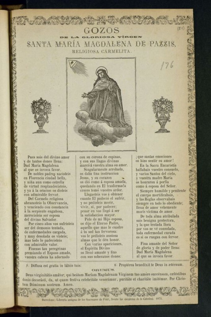 Miniatura de Gozos de la gloriosa virgen Santa María Magdalena de Pazzis, religiosa carmelita