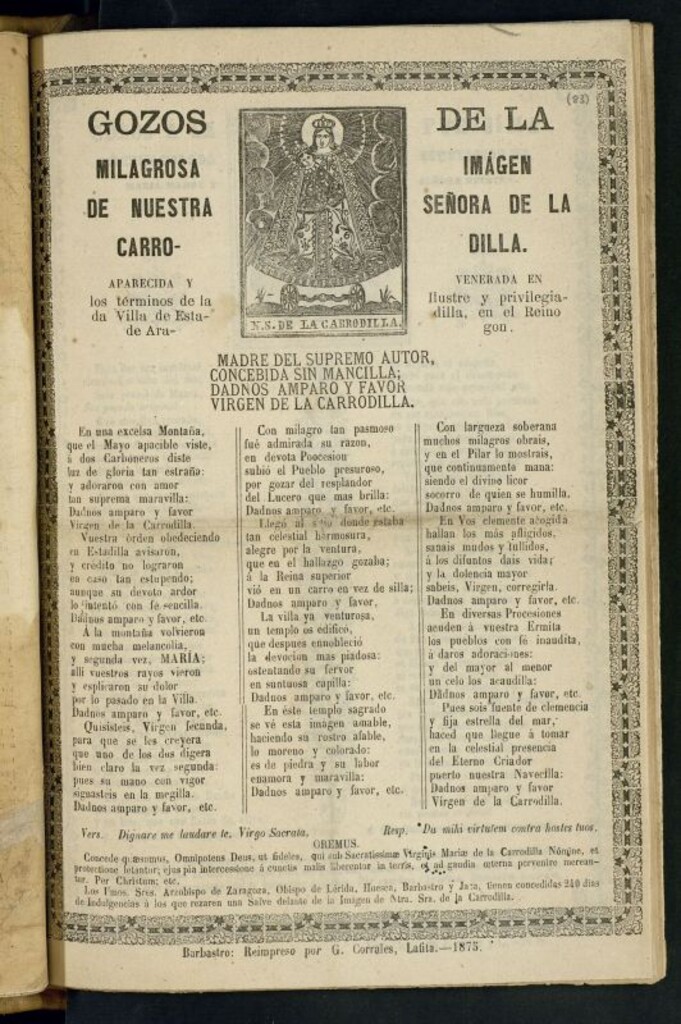 Miniatura de Gozos de la milagrosa imágen de Nuestra Señora de la Carrodilla : aparecida y venerada en los términos de la ilustre y privilegiada Villa de Estadilla, en el Reino de Aragón