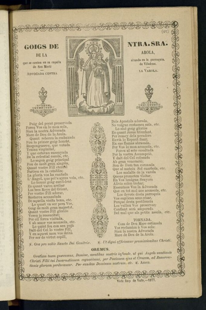 Miniatura de Goigs de Ntra. Sra. de la Arola : que se cantan en sa capella situada en la parroquia de San Martí de Viladrau. Advocada contra la varola