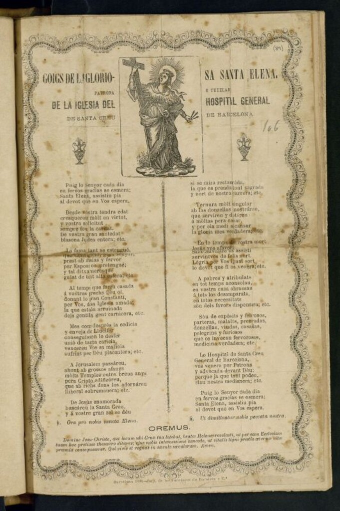 Miniatura de Goigs de la gloriosa Santa Elena : patrona y titular de la Iglesia del Hospital General de Santa Creu de Barcelona