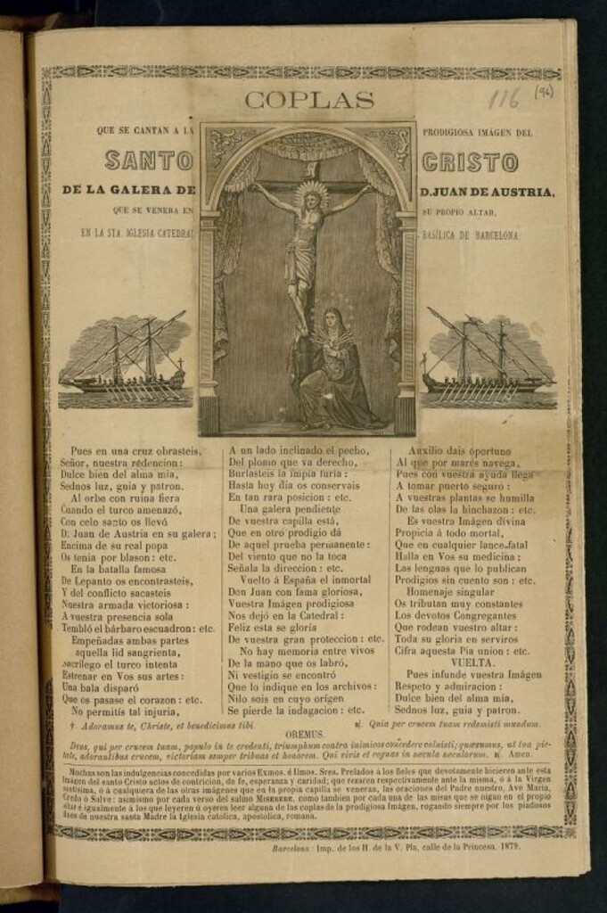 Miniatura de Coplas que se cantan a la prodigiosa imagen del Santo Cristo de la Galera de D. Juan de Austria : que se venera en su propio altar, en la Sta. Iglesia Catedral Basílica de Barcelona