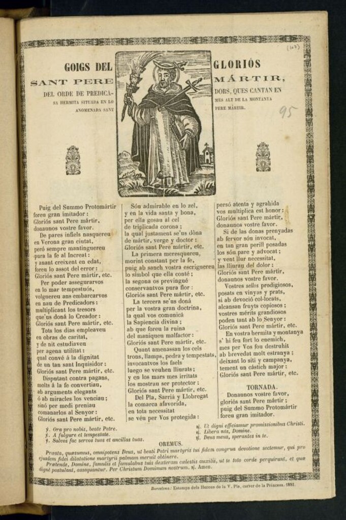 Miniatura de Goigs del gloriós sant Pere Mártir : del orde de predicadors, ques cantan en sa hermita situada en lo mes alt de la montanya anomenada sant Pere Mártir