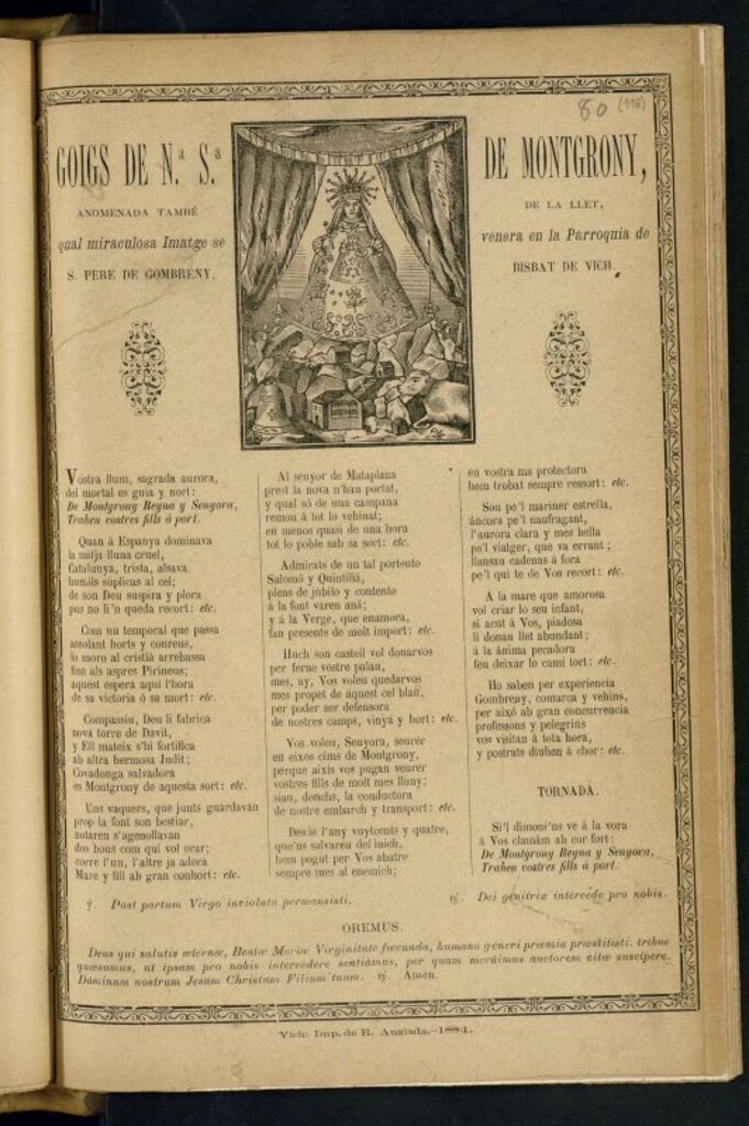 Miniatura de Goigs de Nª Sª de Montgrony : anomenada també de la llet, qual miraculosa Imatge se venera en la Parroquia de S. Pere de Gombreny, bisbat de Vich