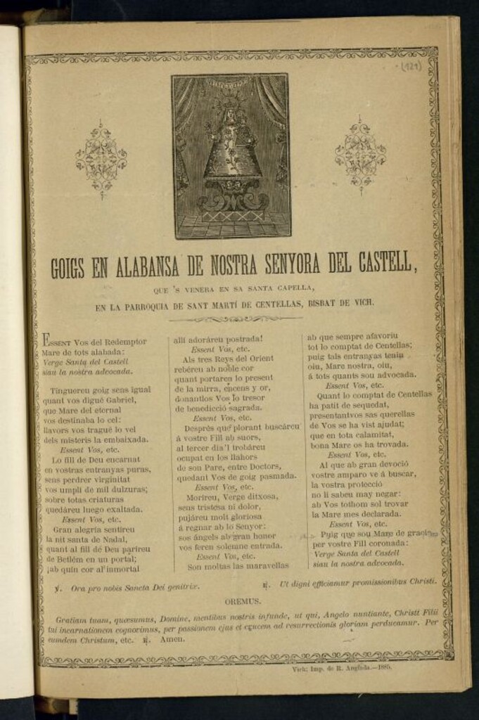 Miniatura de Goigs en alabansa de nostra senyora del Castell : que se venera en sa santa capella, en la parroquia de Sant Martí de Centellas, bisbat de Vich
