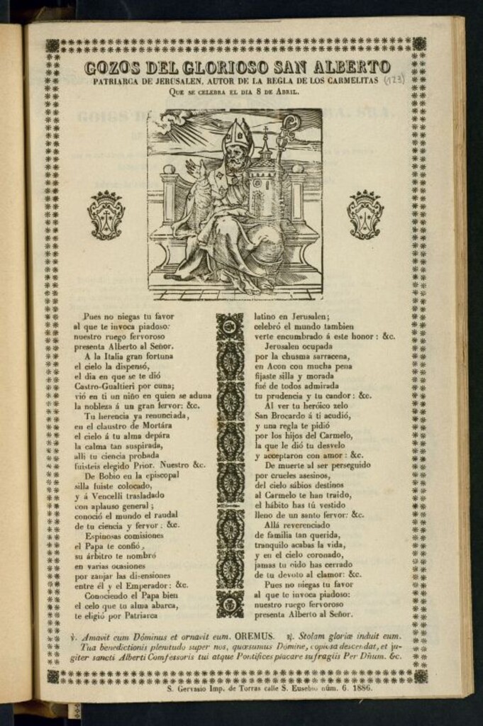 Miniatura de Gozos del glorioso San Alberto patriarca de Jerusalén : autor de la regla de los carmelitas, que se celebra el día 8 de abril