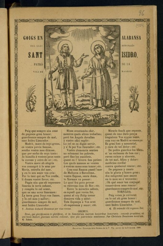 Miniatura de Goigs en alabansa del gloriós pagés Sant Isidro, patró de la vila de Madrid