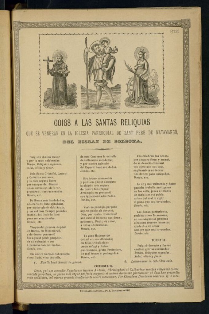 Miniatura de Goigs a las Santas Reliquias que se veneran en la iglesia parroquial de Sant Pere de Matamargó : del bisbat de Solsona