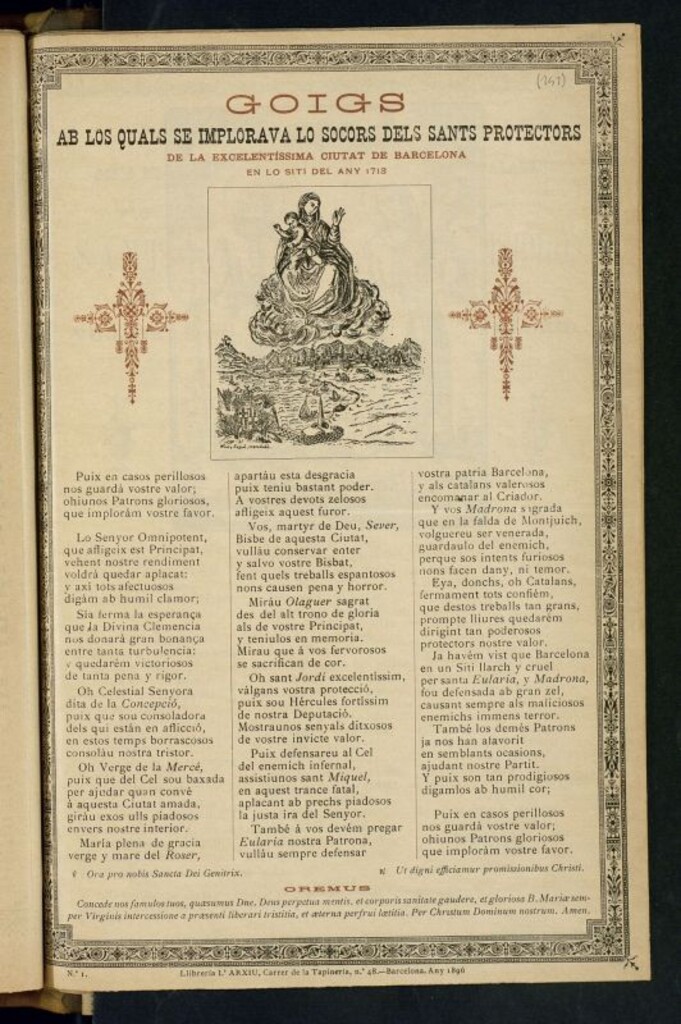 Miniatura de Goigs ab los quals se implorava lo socors dels sants protectors de la excelentíssima ciutat de Barcelona : en lo siti del any 1713