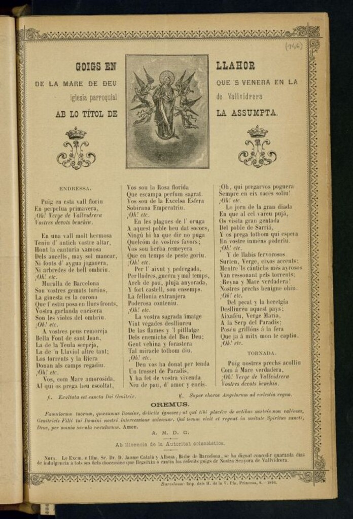 Miniatura de Goigs en llahor de la Mare de Deu : que 's venera en la iglesia parroquial de Vallvidriera ab lo títol de la assumpta