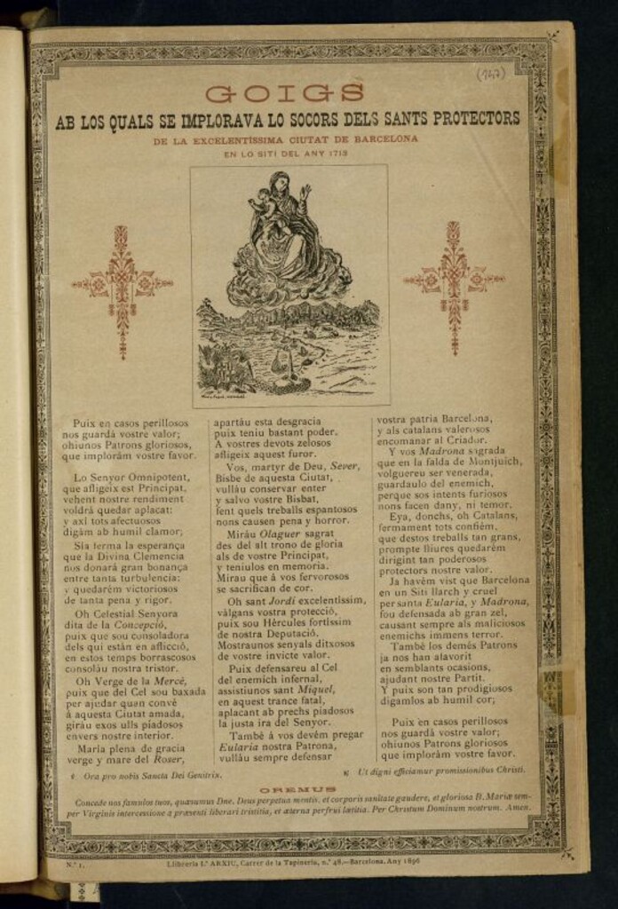 Miniatura de Goigs ab los quals se implorava lo socors dels sants protectors de la excelentíssima ciutat de Barcelona : en lo siti del any 1713