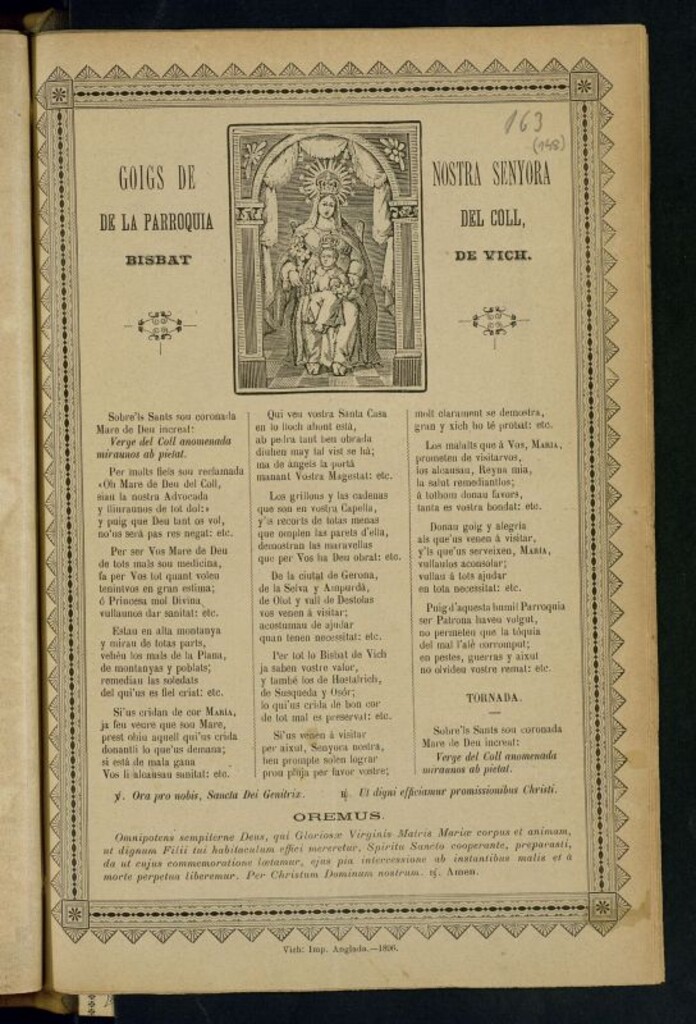 Miniatura de Goigs de Nostra Senyora de la parroquia del Coll, bisbat de Vich