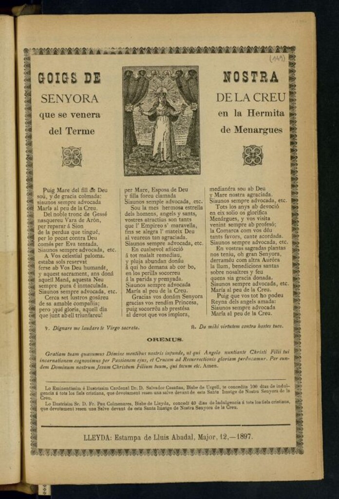 Miniatura de Goigs de Nostra Senyora de la Creu : que se venera en la Hermita del Terme de Menargues
