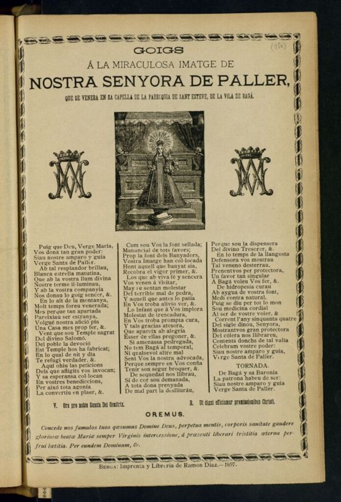 Miniatura de Goigs á la miraculosa imatge de Nostra Senyora de Paller : que se venera en sa capella de la Parroquia de Sant Esteve, de la Vila de Bagá